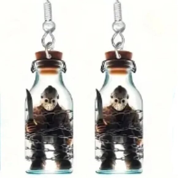 ❤️JASON VOORHEES FRIDAY THE 13th MOVIE BOTTLE DANGLE EARRING - FACTORY SEALED - Picture 1 of 7